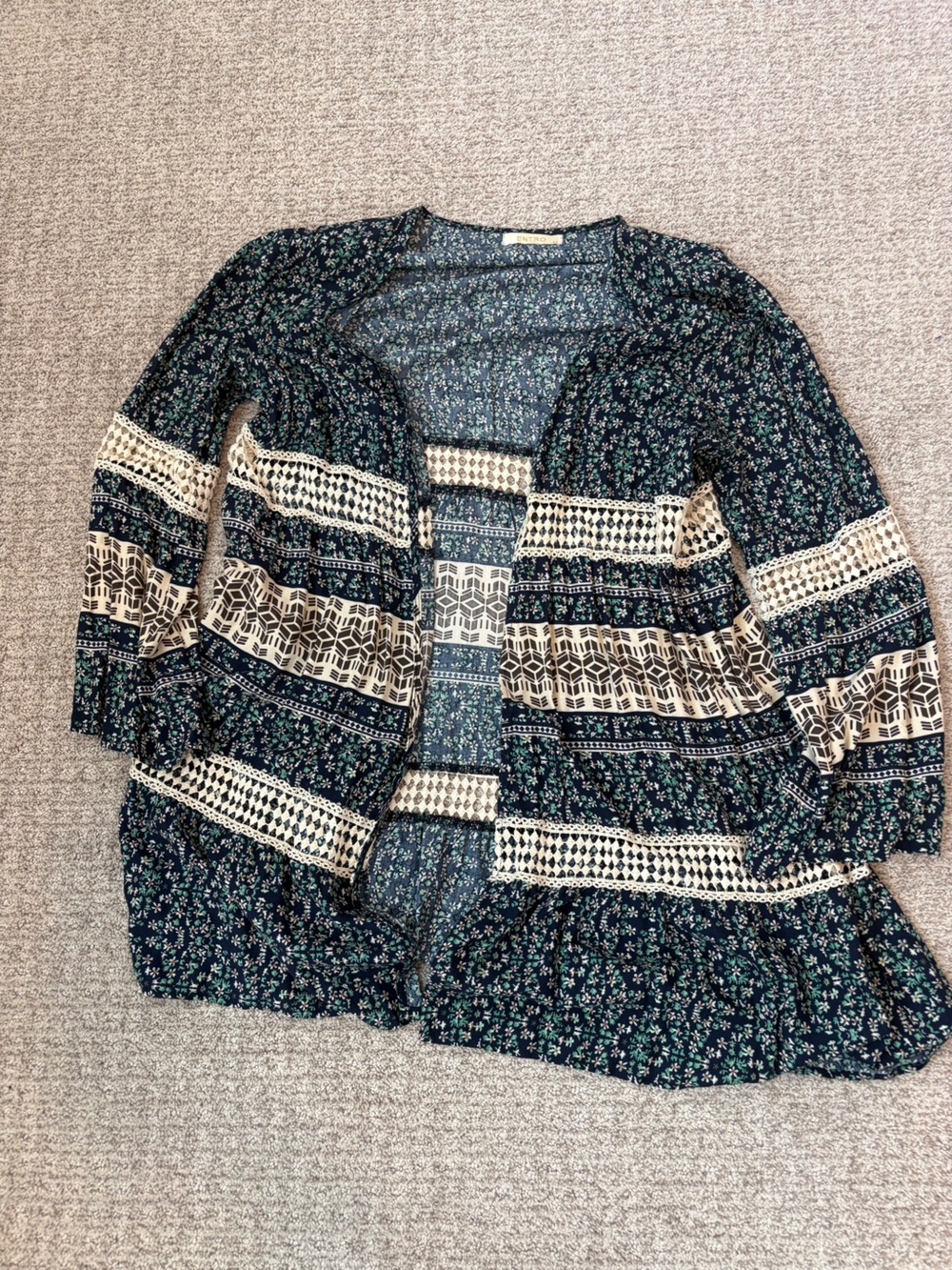 Entro Floral Pattern Open-Front Women's Cardigan Sweater Navy/Cream Size Medium